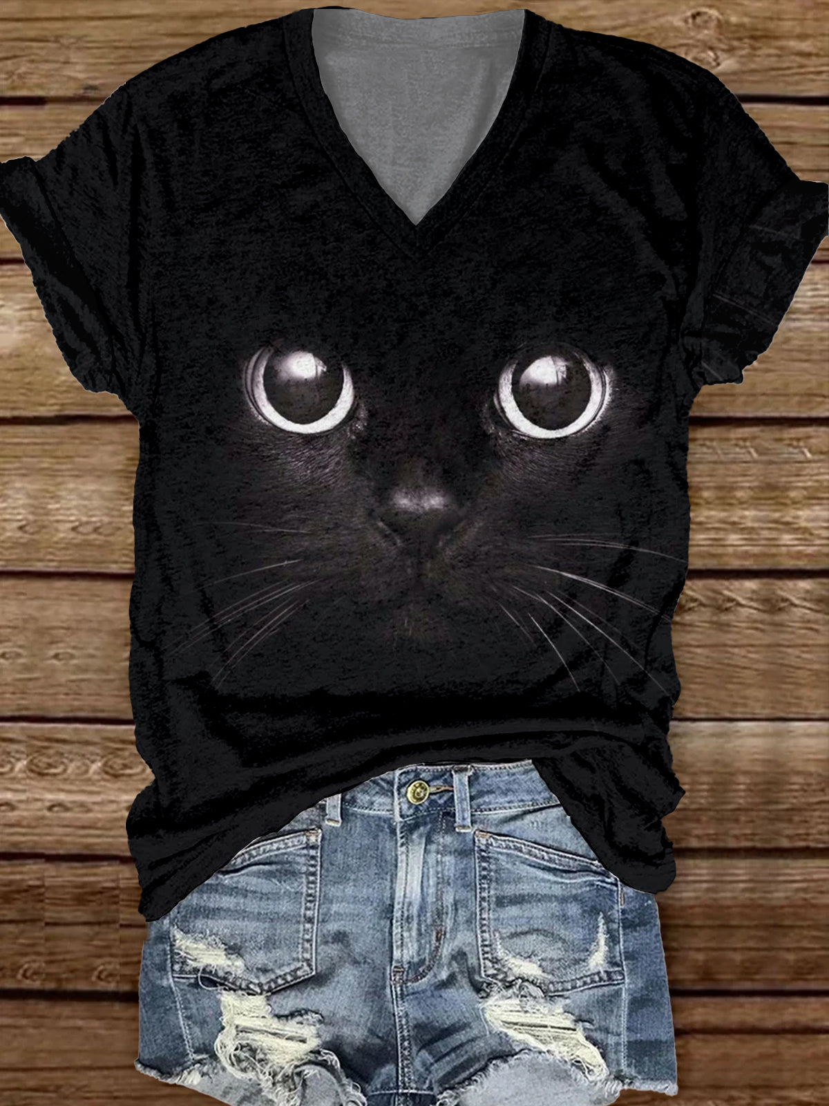 Women's Fashion Vintage Cat Art Print Round Neck Short Sleeve T-Shirt