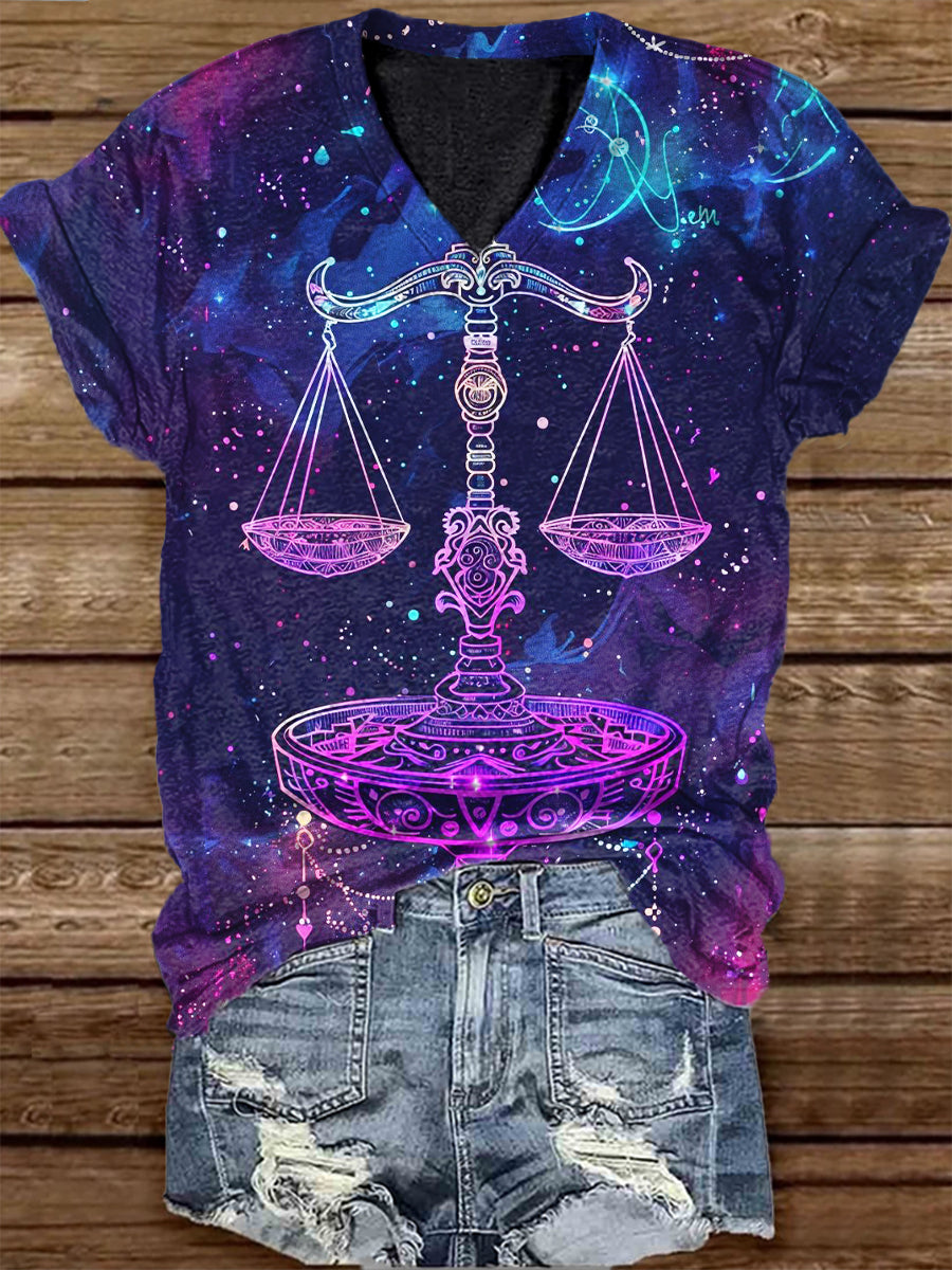 Unisex Tarot Card Constellation Pattern Casual V-Neck Short Sleeve T-Shirt