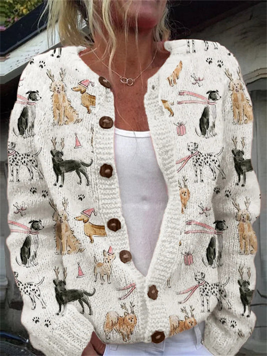 Women's Dog Pattern Casual Knitted Warm Long Sleeve Cardigan