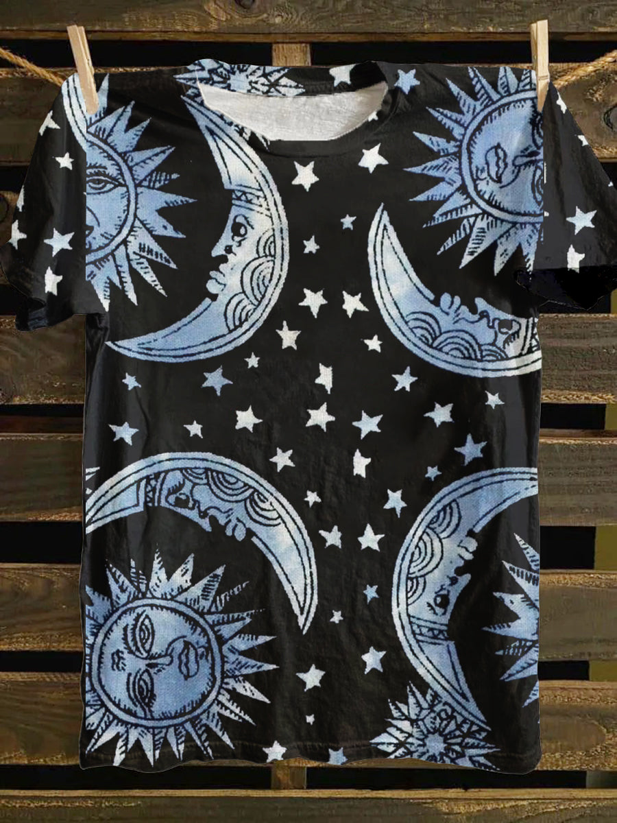 Unisex Tarot Card Sun Moon Star Pattern Casual Round Neck Short Sleeve T-Shirt