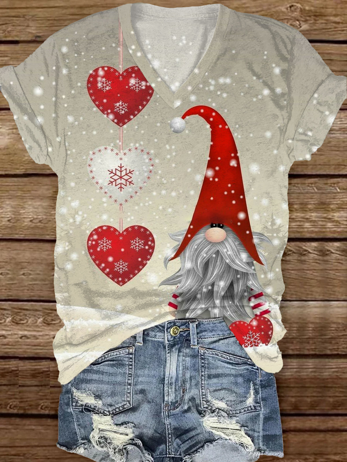 Women's Fashion Vintage Christmas Art Print V Neck Short Sleeve T-Shirt