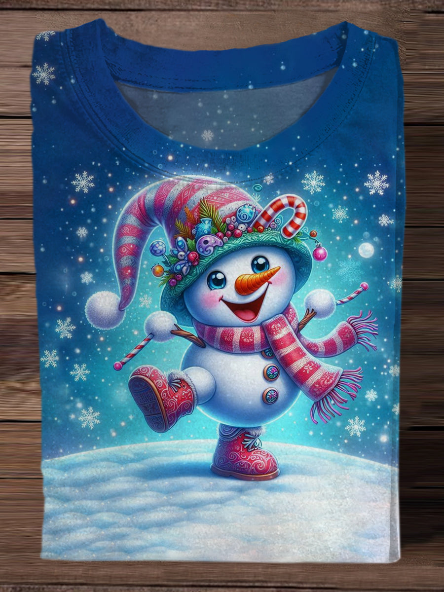 Fashionable And Elegant Christmas Snowman Art Print Round Neck Short Sleeve T-Shirt