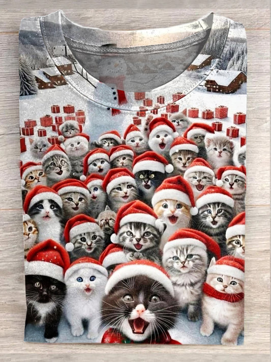 Women's Fashion Vintage Christmas Cat Art Print Round Neck Short Sleeve T-Shirt