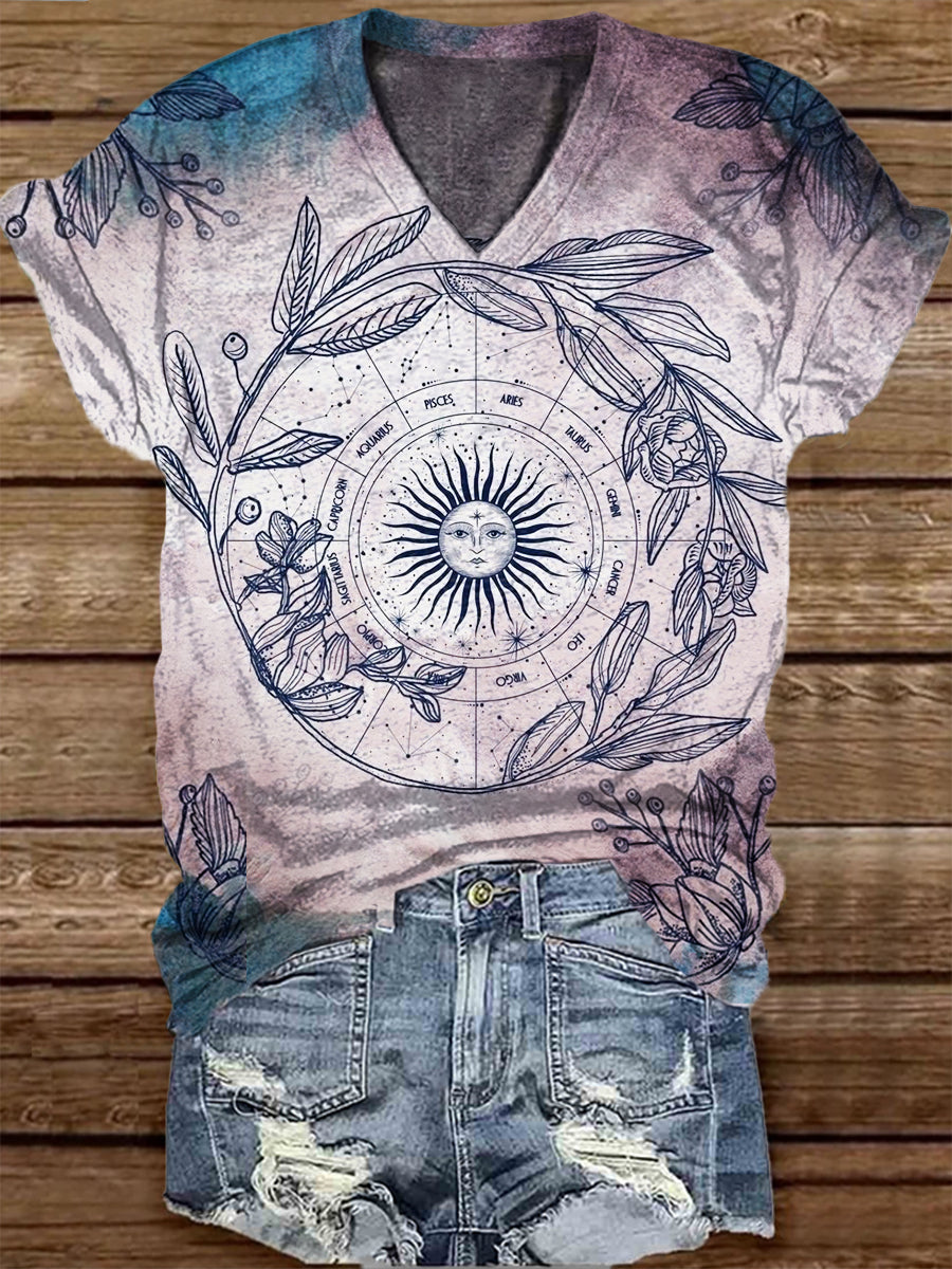 Unisex Tarot Card Astrolabe Pattern Casual V-Neck Short Sleeve T-Shirt