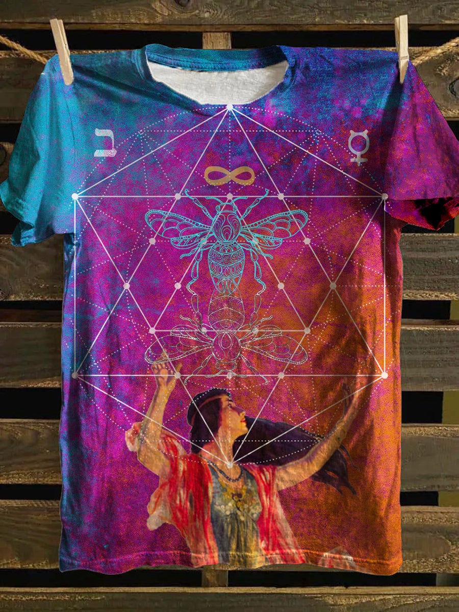 Unisex Tarot Card Bee Divination Pattern Casual Round Neck Short Sleeve T-Shirt