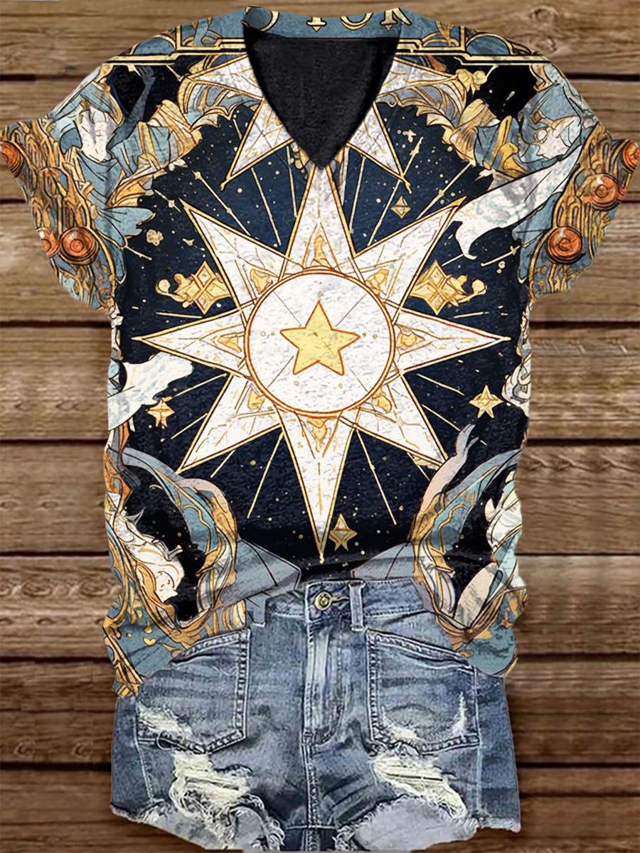 Unisex Tarot Card Astrolabe Pattern Casual V-Neck Short Sleeve T-Shirt