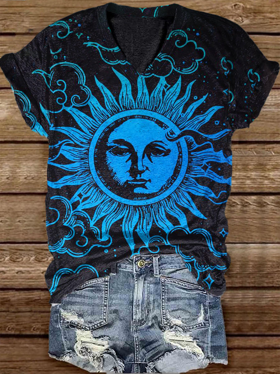 Unisex Tarot Card Sun Pattern Casual V-Neck Short Sleeve T-Shirt