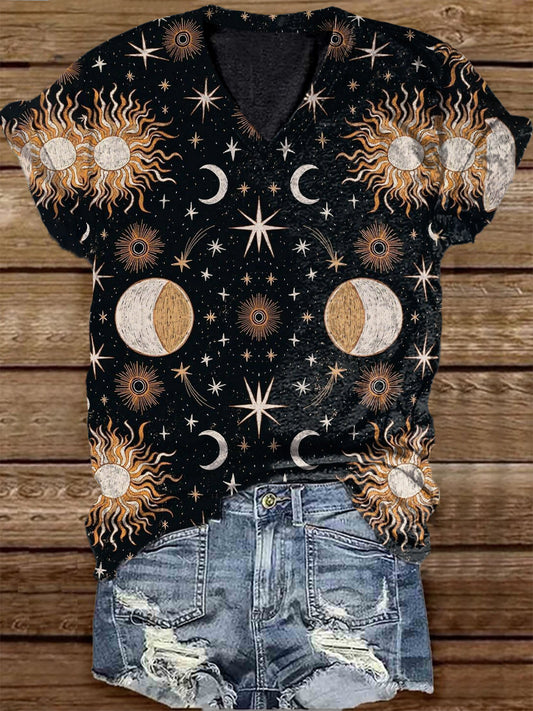 Unisex Tarot Card Sun And Moon Pattern Casual V-Neck Short Sleeve T-Shirt