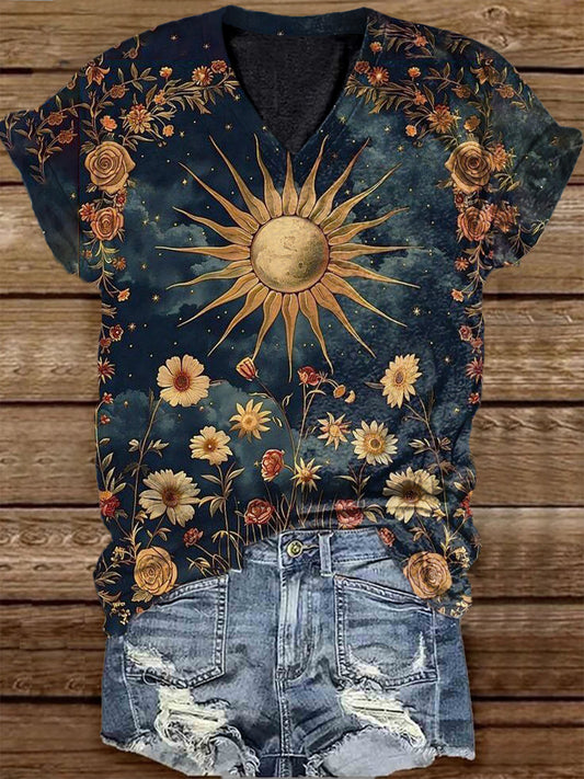 Unisex Tarot Sun Floral Pattern Casual V-Neck Short Sleeve T-Shirt