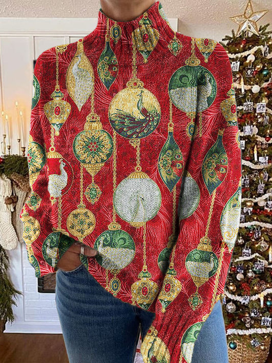 Women's Peacock Christmas Lights Pattern Warm Casual Turtleneck Sweater