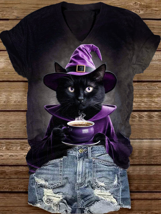 Unisex Witch Cat Graphic Casual V-Neck Short Sleeve T-Shirt