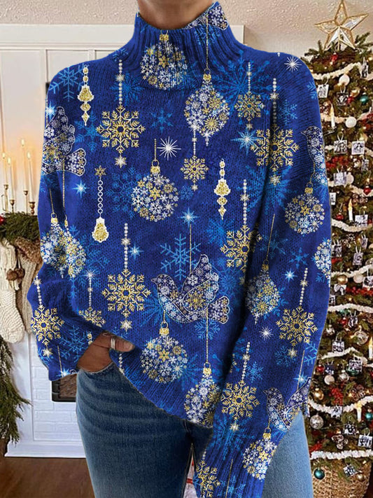 Women's Dove Christmas Lights Pattern Warm Casual Turtleneck Sweater