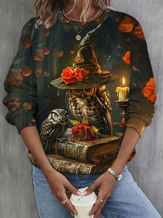 Women's Retro Owl Art Print Round Neck Long Sleeve Casual Sweatshirt