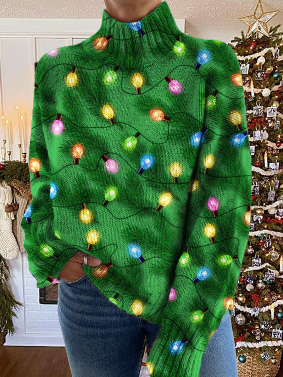 Women's Christmas Lights Pattern Warm Casual Turtleneck Sweater