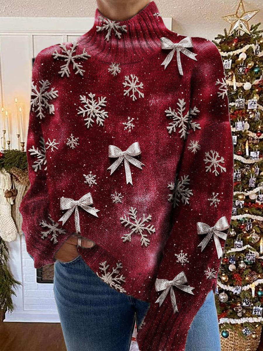 Women's Snowflake Bow Pattern Warm Casual Turtleneck Sweater