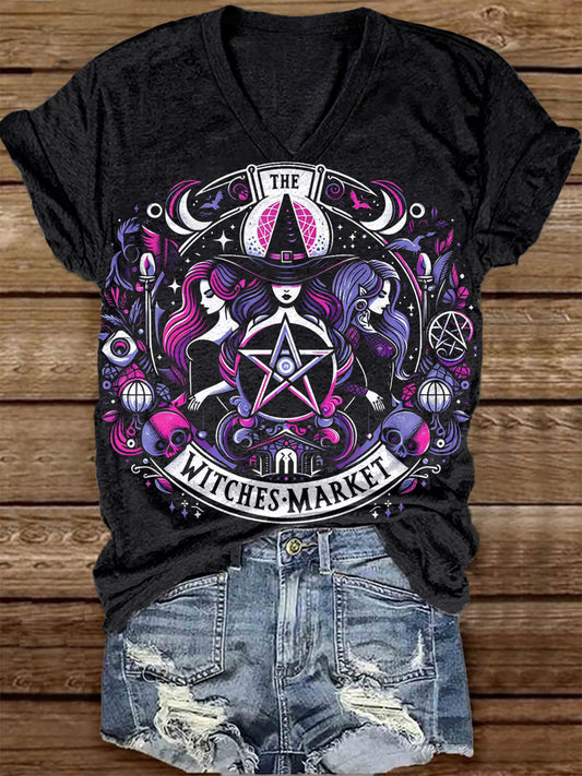 Unisex Witch Tarot Card Pattern Casual V-Neck Short Sleeve T-Shirt