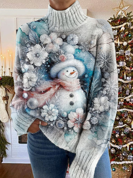 Women's Christmas Snowman Flower Pattern Warm Casual Turtleneck Sweater