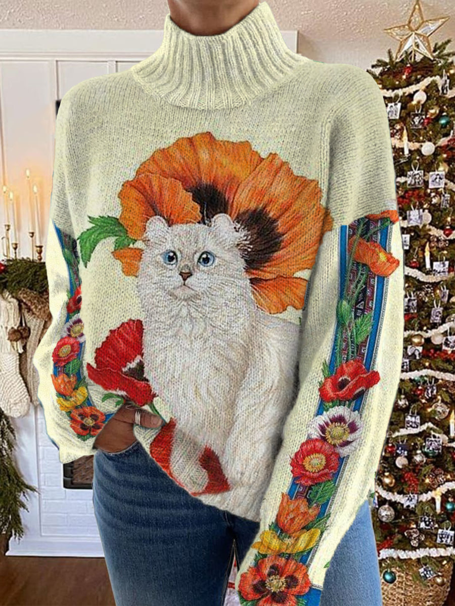 Women's Cat Flower Pattern Warm Casual Turtleneck Sweater