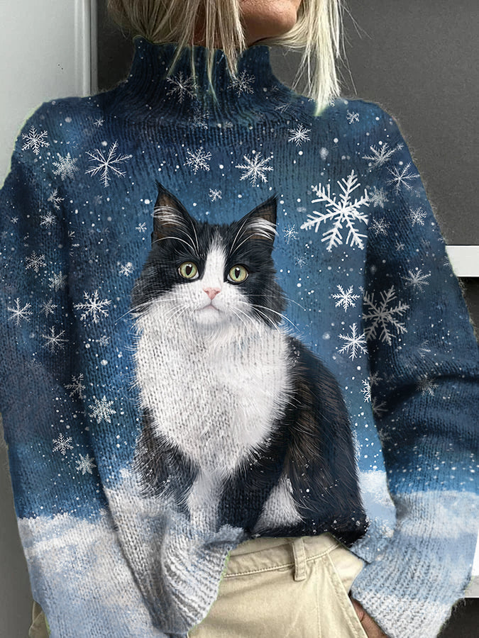 Women's Cat Snowflake Pattern Casual Warm Turtleneck Sweater