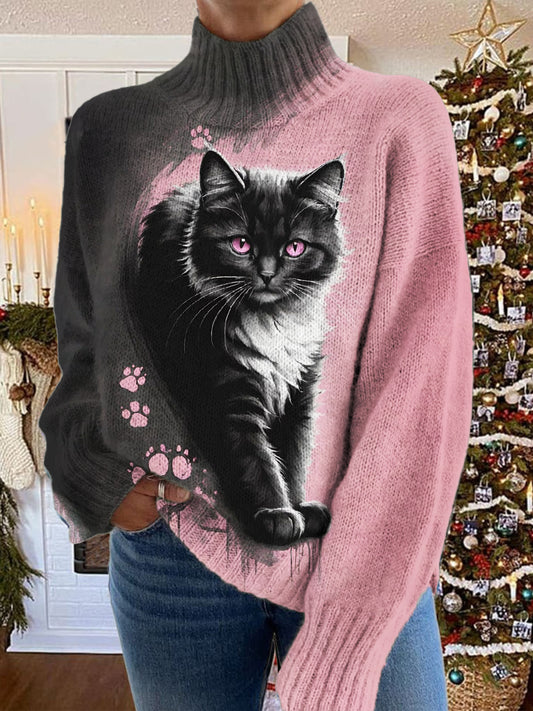 Women's Cat Contrast Pattern Warm Casual Turtleneck Sweater