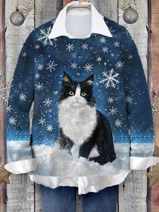 Women's Cat Snowflake Pattern Casual Warm Crew Neck Sweater