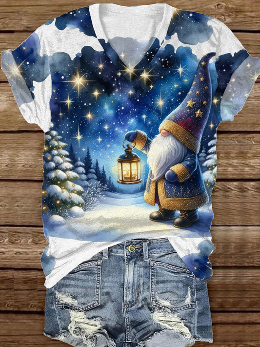 Women's Fashion Elegant Christmas Art Print V-Neck Short Sleeve T-Shirt Top