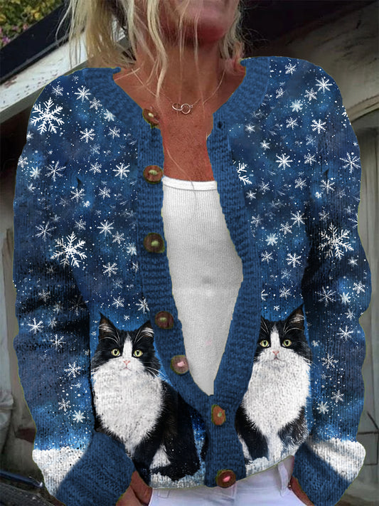 Women's Cat Snowflake Pattern Casual Warm Button Knitted Cardigan