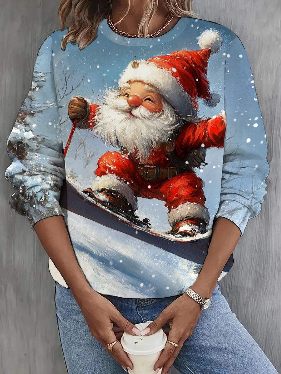 Women's Retro Christmas Art Print Round Neck Long Sleeve Casual Sweatshirt