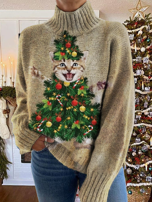 Women's Cat Christmas Tree Pattern Warm Casual Turtleneck Sweater