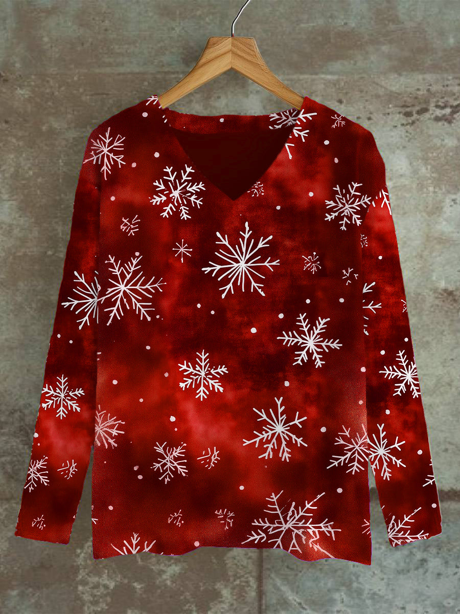 Unisex Christmas Snowflake Pattern Casual V-Neck Long Sleeve T-shirt