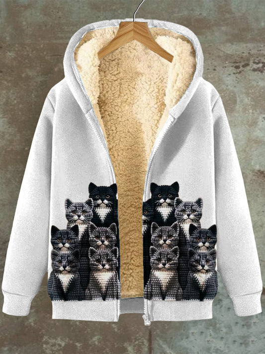 Women's Cat Pattern Casual Hooded Pocket Zip Fleece Sweatshirt Jacket