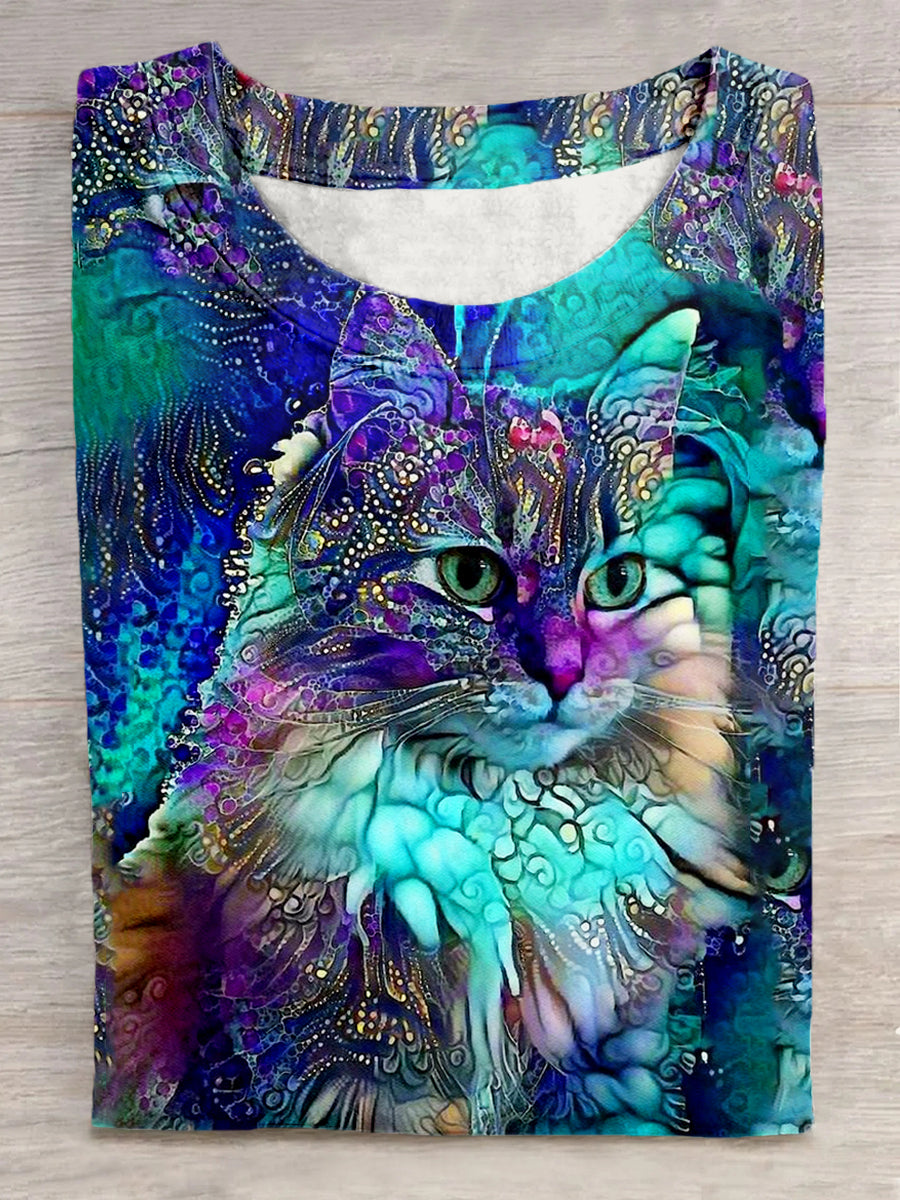 Unisex Colorful Cat Pattern Casual Round Neck Short Sleeve T-Shirt