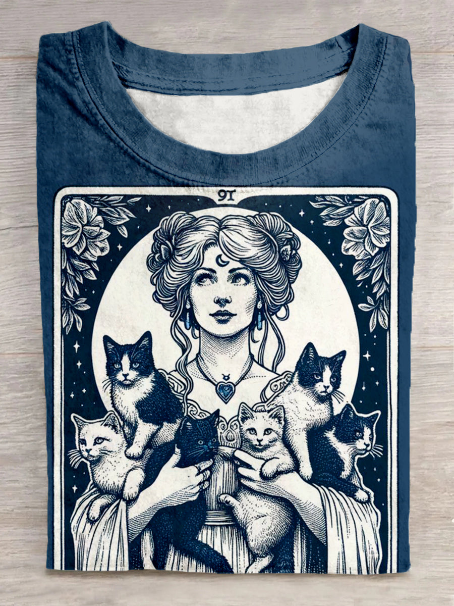 Unisex Cat Animal Tarot Card Pattern Casual Round Neck Short Sleeve T-shirt