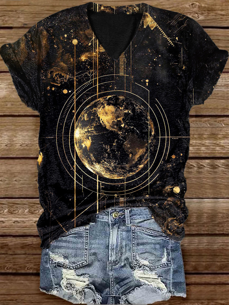 Unisex Tarot Card Celestial Pattern Casual V-Neck Short Sleeve T-Shirt