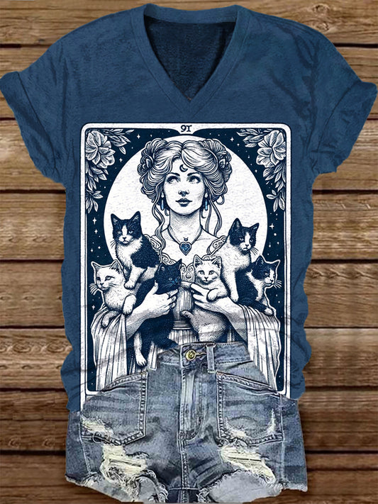 Unisex Cat Animal Tarot Card Pattern Casual V-Neck Short Sleeve T-Shirt