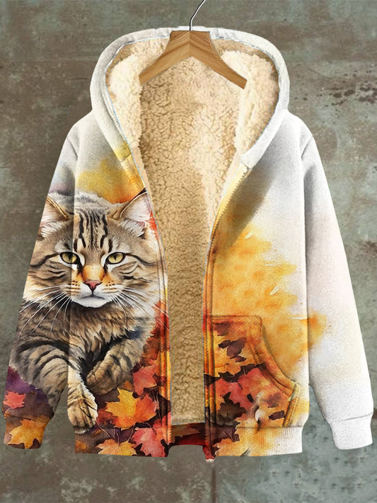 Women's Cat Maple Leaf Hooded Pocket Zip Fleece Sweatshirt Jacket