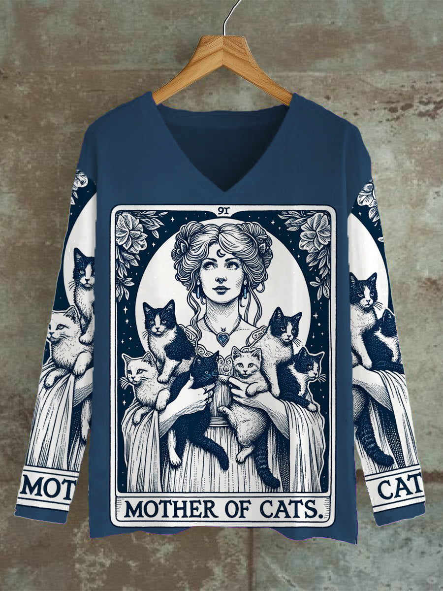 Unisex Cat Animal Tarot Card Pattern Casual V-Neck Long Sleeve T-Shirt