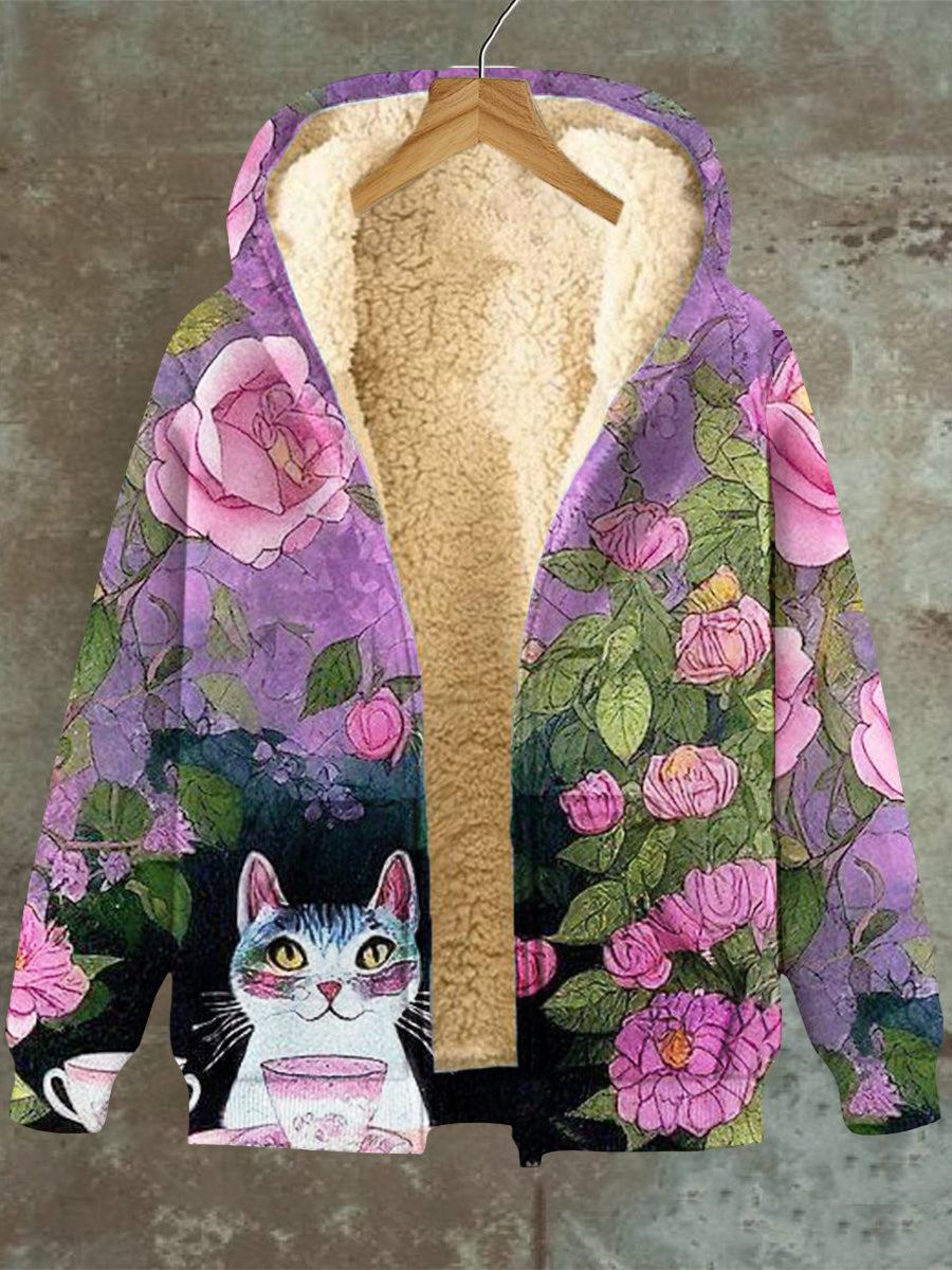 Women's Cat Flower Pattern Hooded Pocket Zip Fleece Sweatshirt Jacket