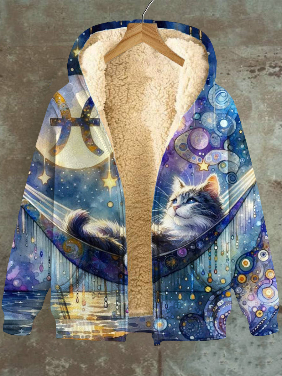 Women's Cat Pattern Hooded Pocket Zip Fleece Sweatshirt Jacket