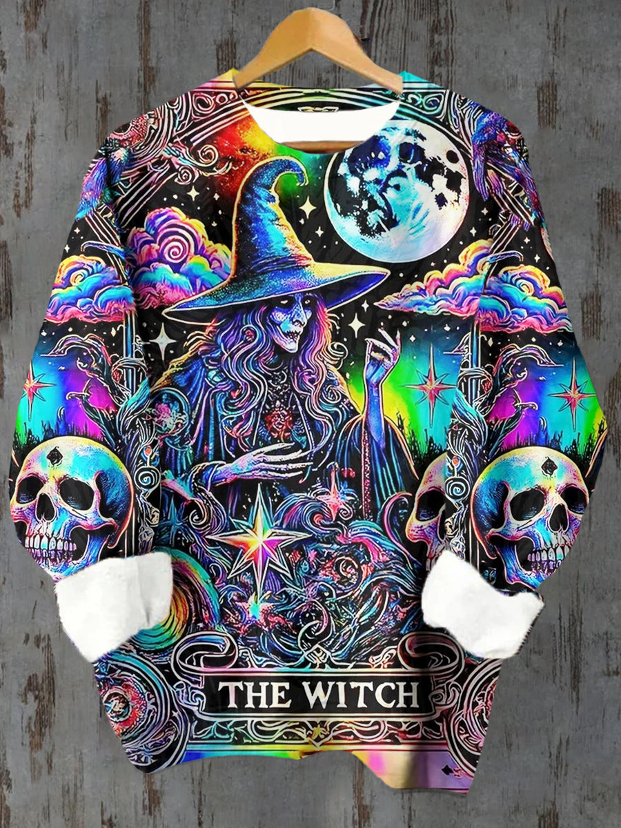 Unisex Witch Horror Tarot Card Pattern Casual Round Neck Long Sleeve Sweatshirt