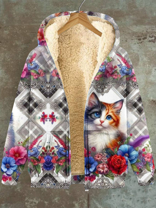 Women's Plaid Cat Flower Pattern Hooded Pocket Zip Fleece Sweatshirt Jacket