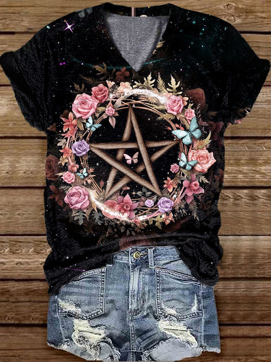 Unisex Astrolabe Flower Tarot Card Pattern Casual V-neck Short Sleeve T-shirt