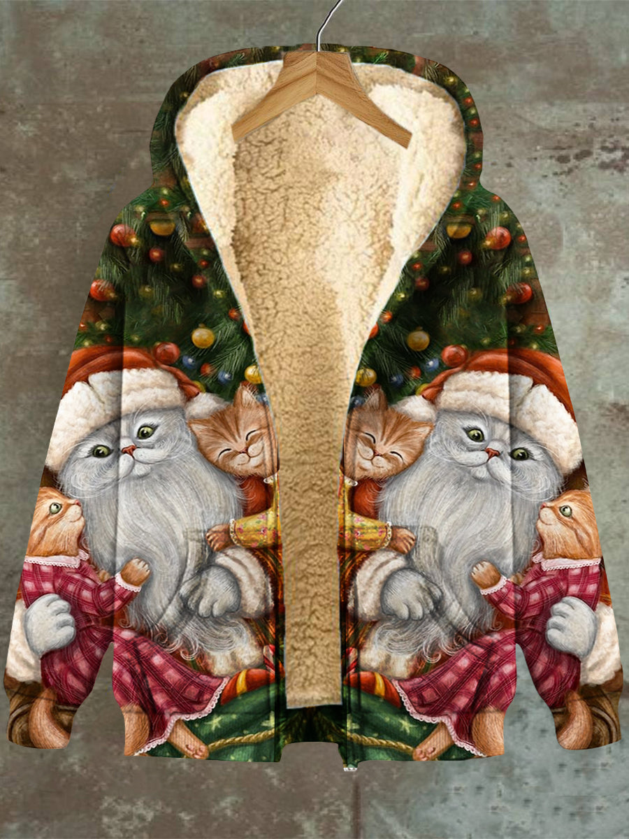 Women's Christmas Cat Graphic Hooded Pocket Zip Fleece Sweatshirt Jacket