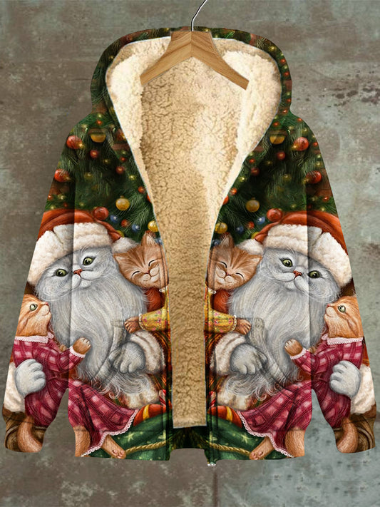 Women's Christmas Cat Graphic Hooded Pocket Zip Fleece Sweatshirt Jacket