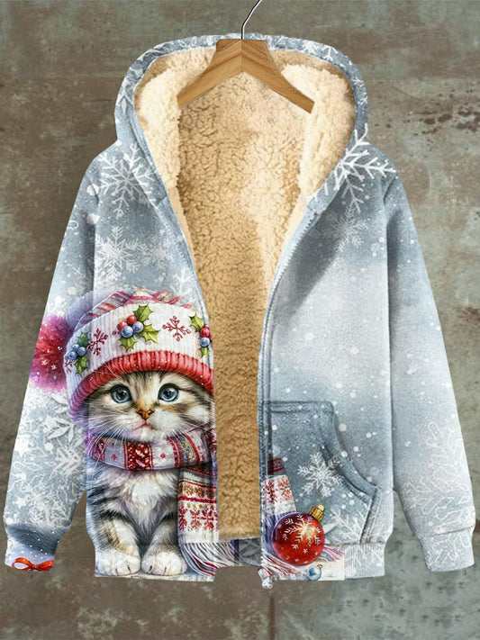 Women's Christmas Cat Snowflake Pattern Hooded Pocket Zip Fleece Sweatshirt Jacket