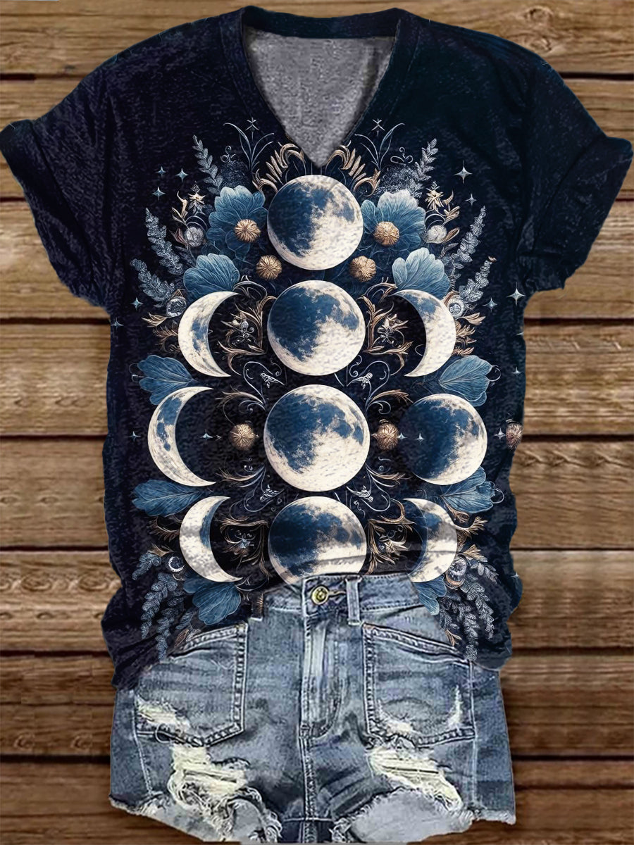 Unisex Sun and Moon Tarot Card Pattern Casual V-neck Short Sleeve T-shirt