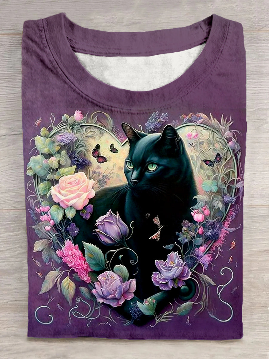 Unisex Love Floral Black Cat Pattern Casual Round Neck Short Sleeve T-Shirt