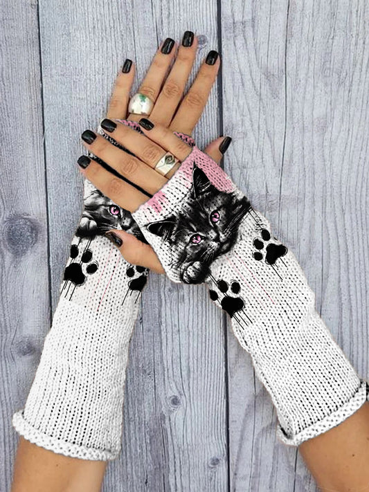 Women's Cat Print Knitted Gloves