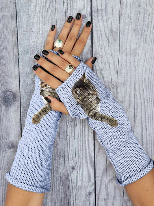 Women's Cat Print Knitted Gloves