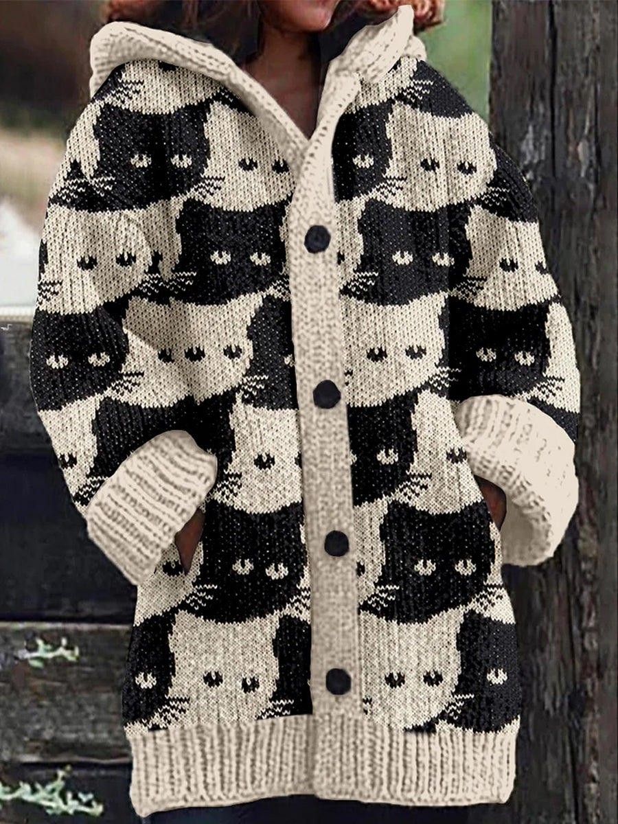 Vintage Cat Embroidered Art Print Button Thick Long Sleeve Hooded Cardigan